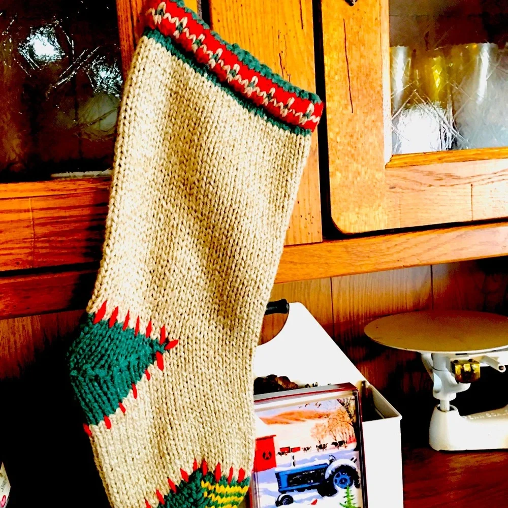 Vintage knit crochet Christmas stocking and farmhouse winter cards set